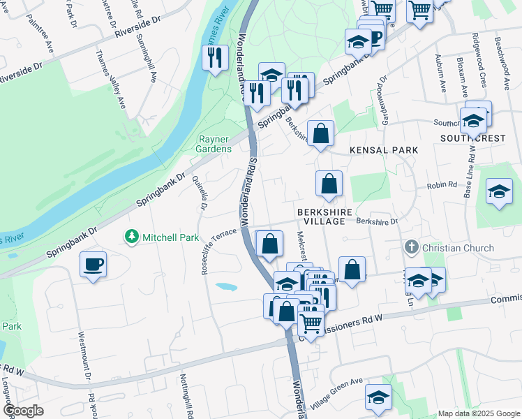 map of restaurants, bars, coffee shops, grocery stores, and more near 443 Old Wonderland Road in London