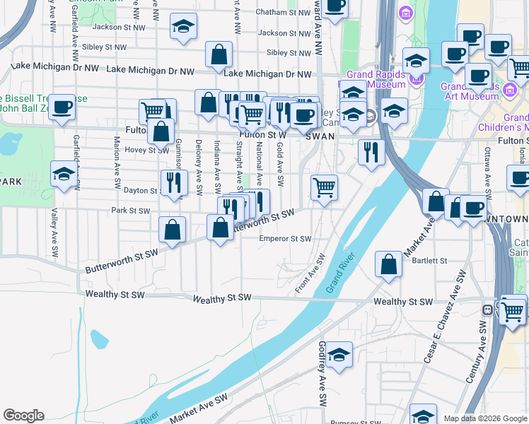 map of restaurants, bars, coffee shops, grocery stores, and more near 156 National Avenue Southwest in Grand Rapids