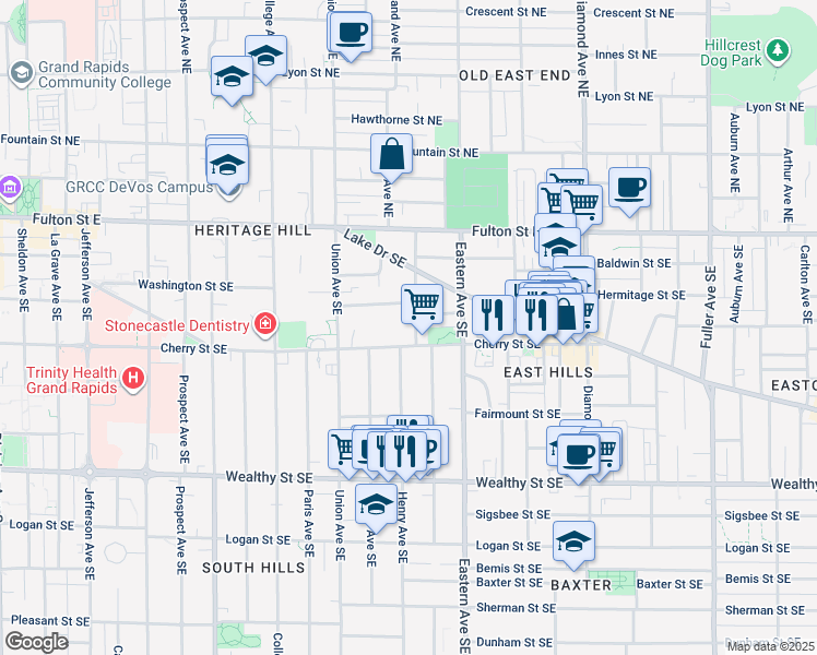 map of restaurants, bars, coffee shops, grocery stores, and more near 123 Packard Avenue Southeast in Grand Rapids
