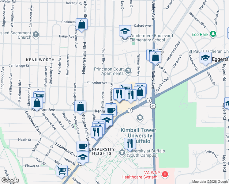 map of restaurants, bars, coffee shops, grocery stores, and more near 103 Windermere Boulevard in Buffalo