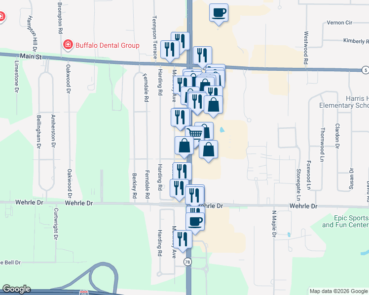 map of restaurants, bars, coffee shops, grocery stores, and more near 7066 Transit Road in Buffalo