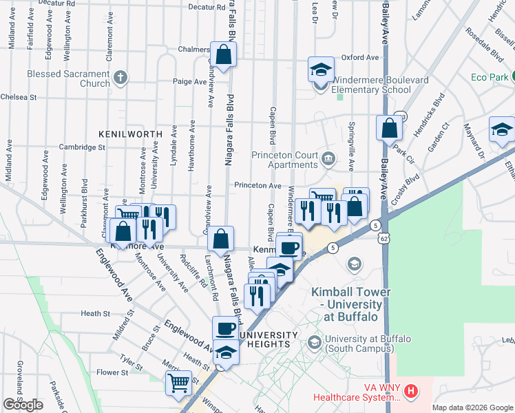 map of restaurants, bars, coffee shops, grocery stores, and more near 163 Allenhurst Road in Buffalo