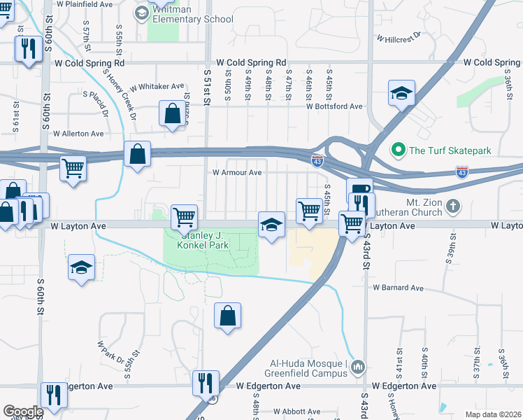 map of restaurants, bars, coffee shops, grocery stores, and more near 4677 South 48th Street in Greenfield
