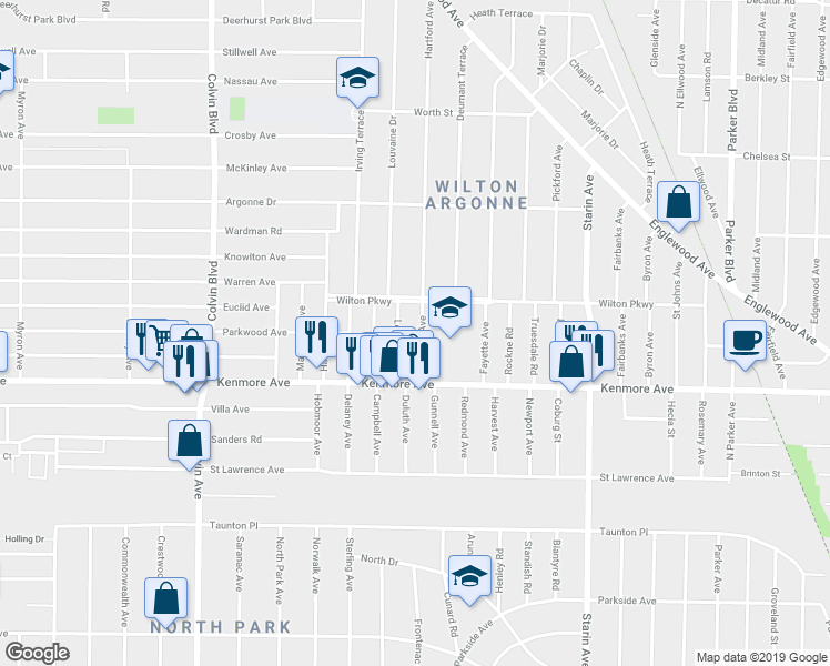 map of restaurants, bars, coffee shops, grocery stores, and more near 52 Hartford Avenue in Buffalo