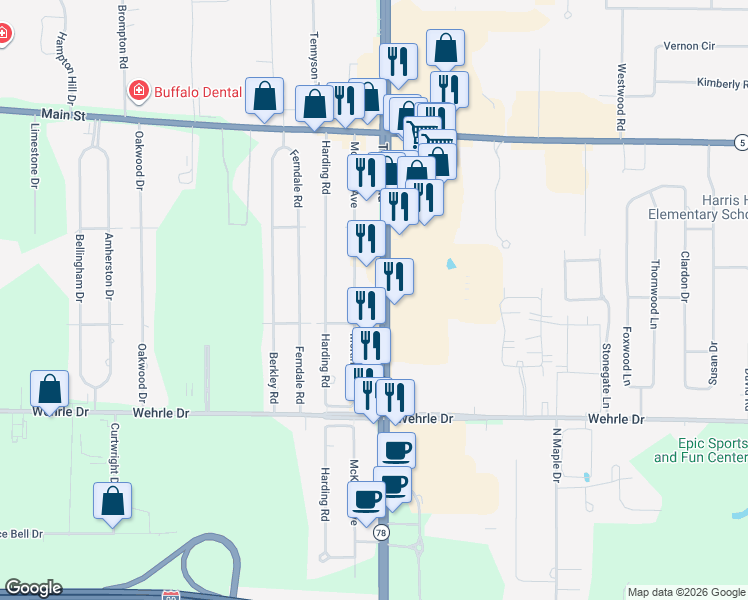 map of restaurants, bars, coffee shops, grocery stores, and more near 7066 Transit Road in Buffalo