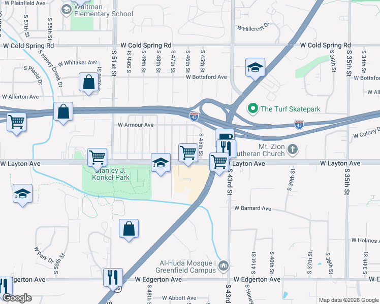 map of restaurants, bars, coffee shops, grocery stores, and more near 4680 South 46th Street in Greenfield
