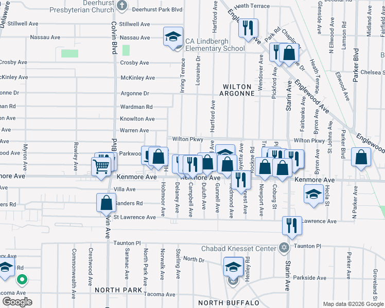 map of restaurants, bars, coffee shops, grocery stores, and more near 51 Fairmount Avenue in Buffalo