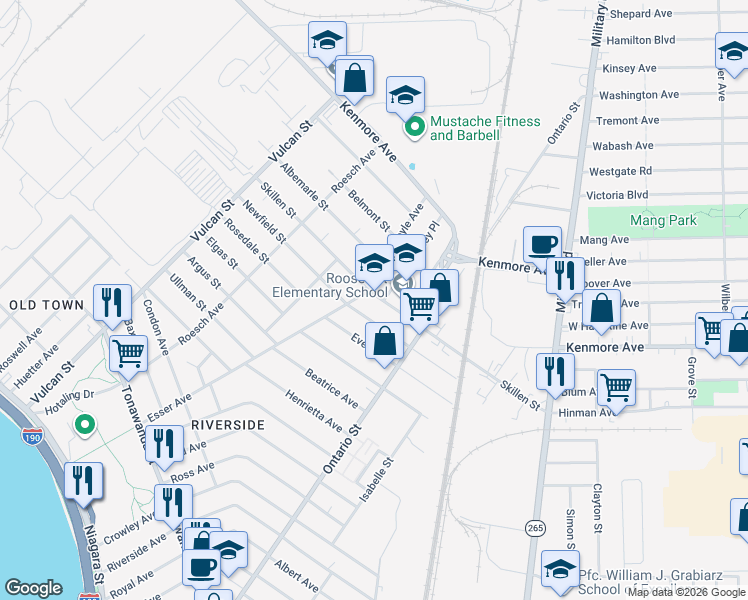 map of restaurants, bars, coffee shops, grocery stores, and more near 264 Skillen Street in Buffalo
