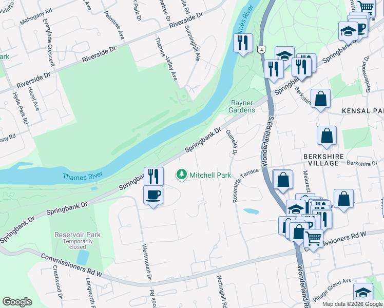 map of restaurants, bars, coffee shops, grocery stores, and more near 714 Springbank Drive in London