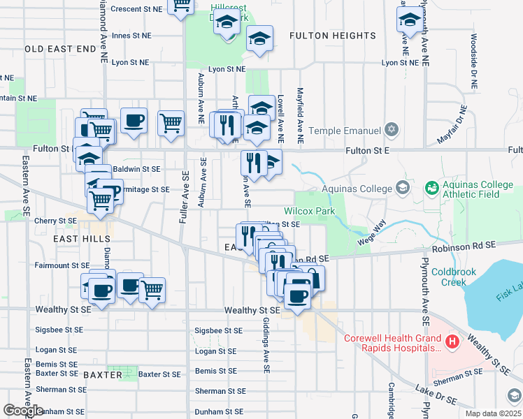 map of restaurants, bars, coffee shops, grocery stores, and more near 1418 Hope Street Southeast in Grand Rapids