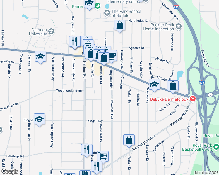 map of restaurants, bars, coffee shops, grocery stores, and more near 79 Roycroft Boulevard in Buffalo