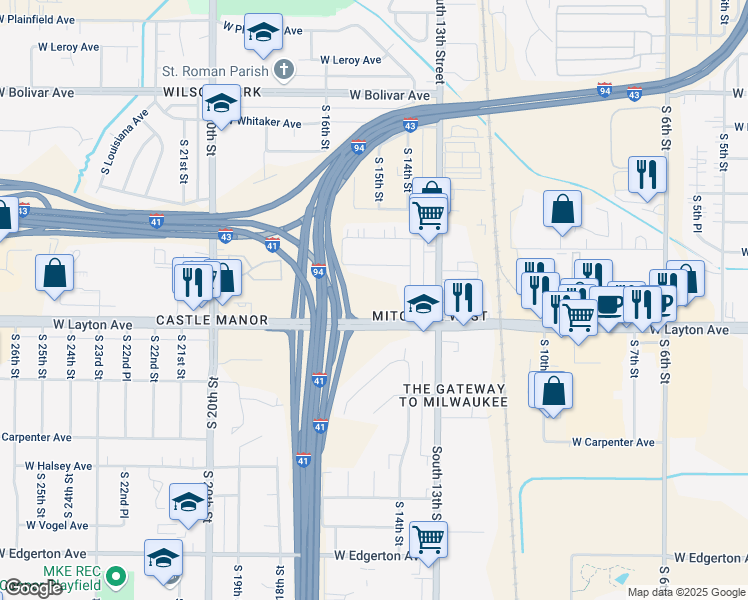 map of restaurants, bars, coffee shops, grocery stores, and more near 1560 West Layton Avenue in Milwaukee