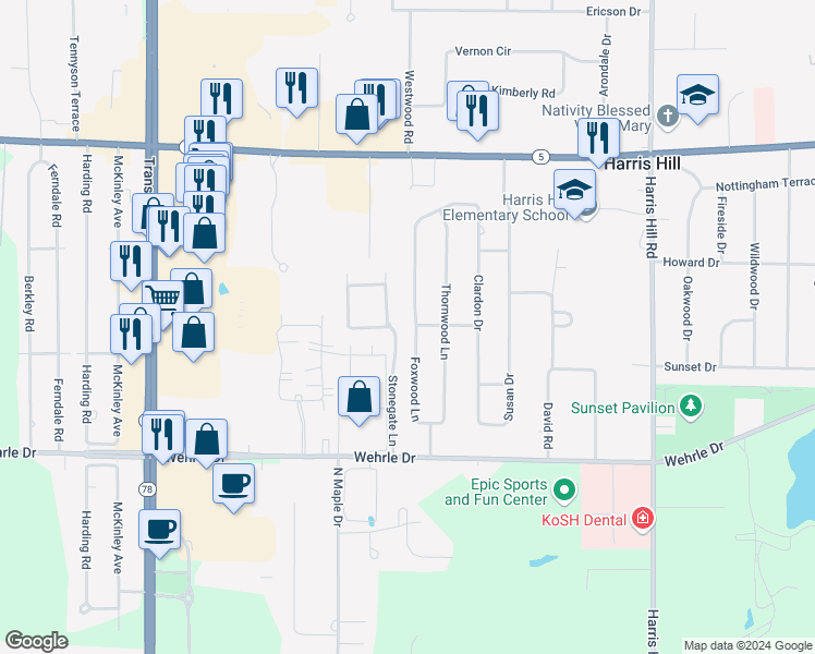 map of restaurants, bars, coffee shops, grocery stores, and more near 4154 Foxwood Lane in Buffalo