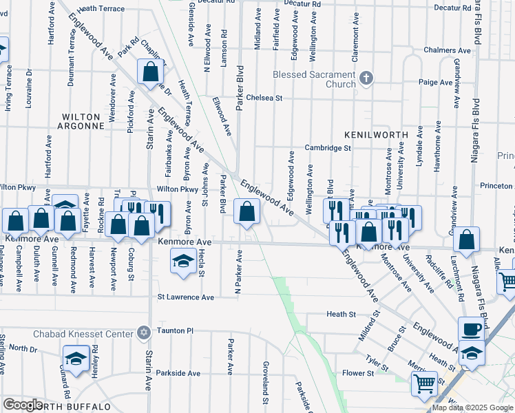 map of restaurants, bars, coffee shops, grocery stores, and more near 60 Fairfield Avenue in Buffalo