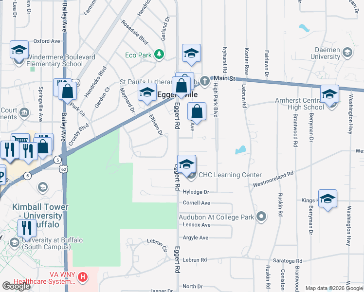 map of restaurants, bars, coffee shops, grocery stores, and more near 1155 Eggert Road in Buffalo
