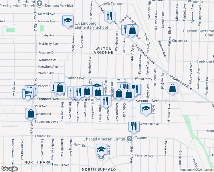 map of restaurants, bars, coffee shops, grocery stores, and more near 53 Fayette Avenue in Buffalo