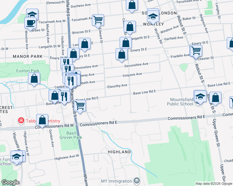 map of restaurants, bars, coffee shops, grocery stores, and more near 108 Base Line Road East in London