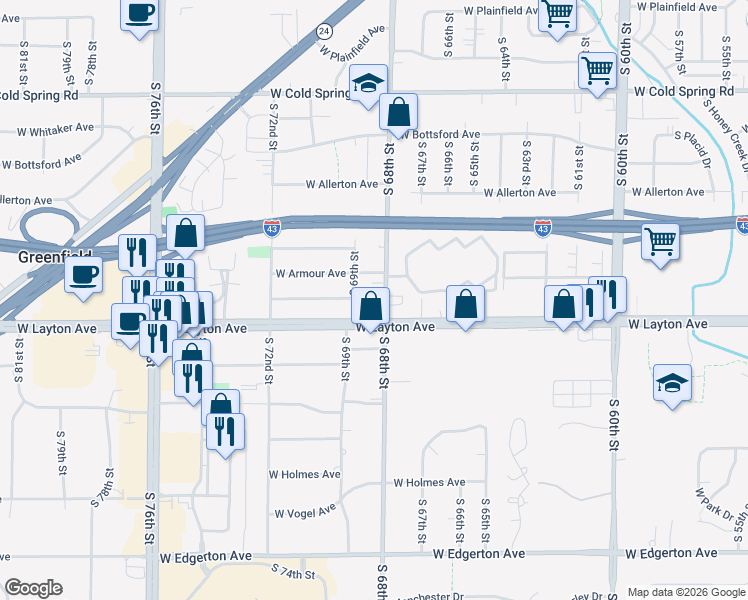 map of restaurants, bars, coffee shops, grocery stores, and more near 4645 South 68th Street in Greenfield