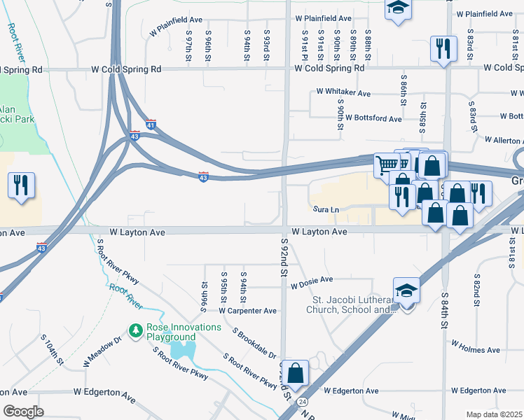 map of restaurants, bars, coffee shops, grocery stores, and more near 9200 West Layton Avenue in Greenfield