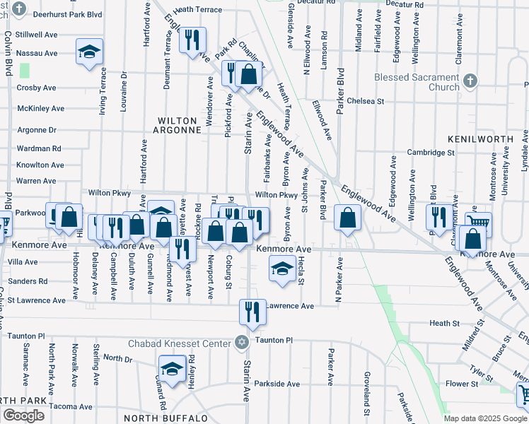 map of restaurants, bars, coffee shops, grocery stores, and more near 56 Fairbanks Avenue in Buffalo