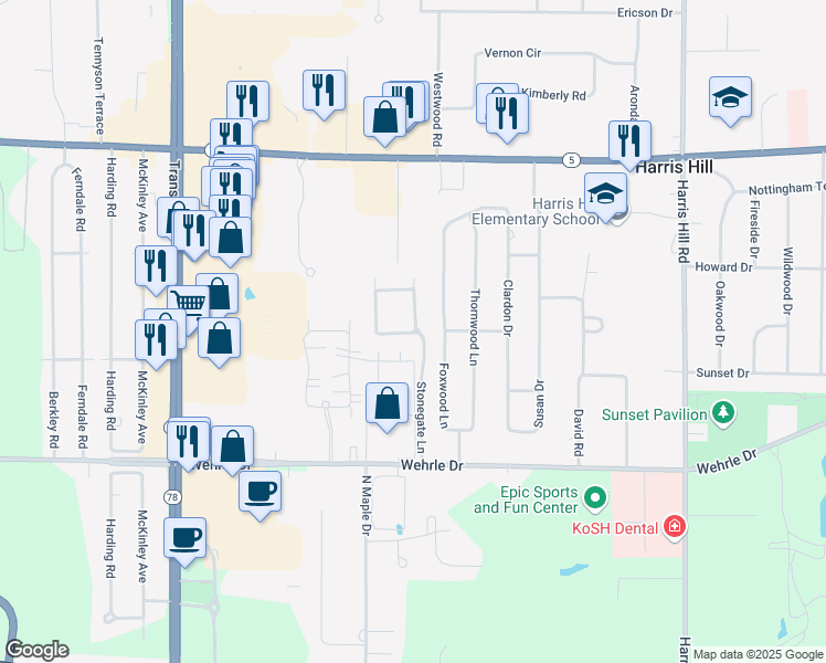 map of restaurants, bars, coffee shops, grocery stores, and more near 4154 Foxwood Lane in Buffalo