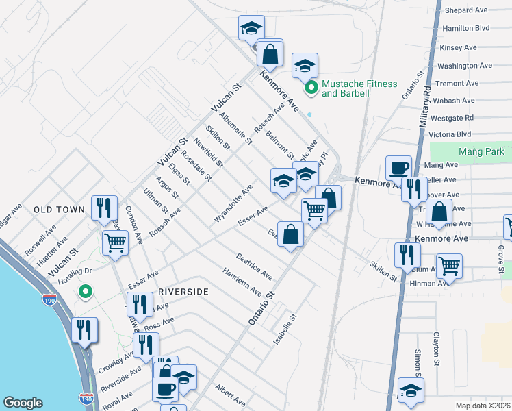 map of restaurants, bars, coffee shops, grocery stores, and more near 358 Esser Avenue in Buffalo
