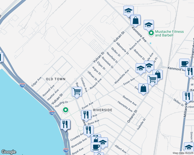 map of restaurants, bars, coffee shops, grocery stores, and more near 85 Ullman Street in Buffalo