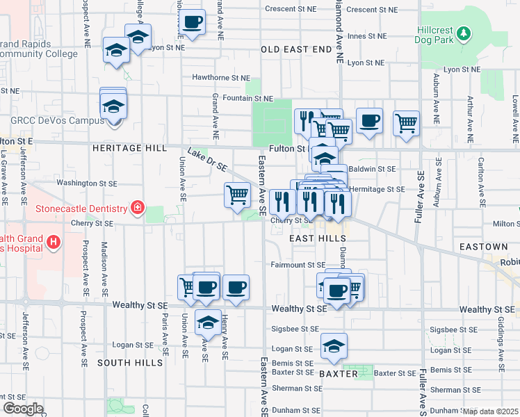 map of restaurants, bars, coffee shops, grocery stores, and more near in Grand Rapids
