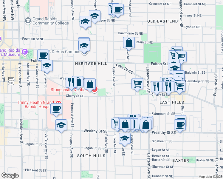 map of restaurants, bars, coffee shops, grocery stores, and more near 547 Cherry Street Southeast in Grand Rapids