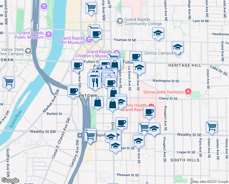 map of restaurants, bars, coffee shops, grocery stores, and more near 106 Division Avenue North in Grand Rapids
