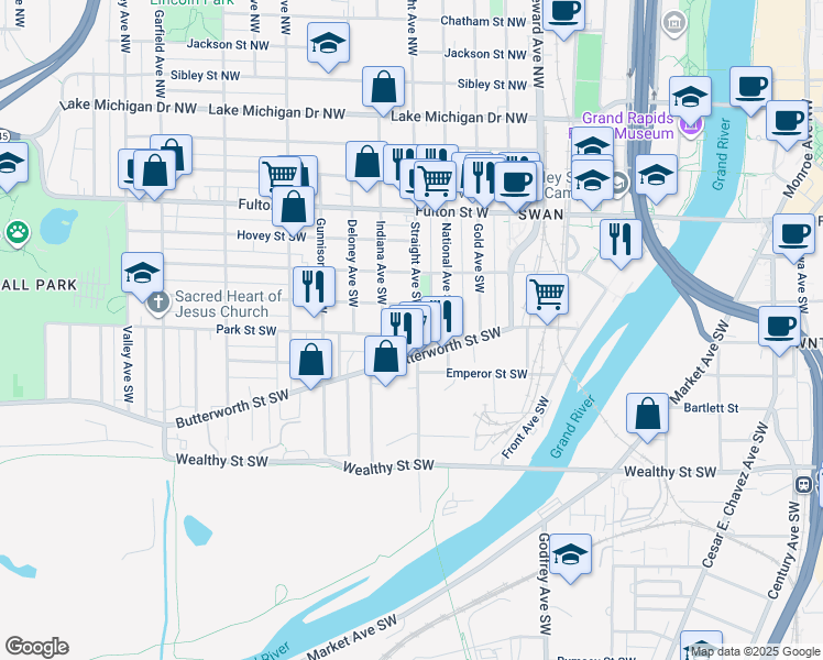 map of restaurants, bars, coffee shops, grocery stores, and more near 803 Park Street Southwest in Grand Rapids