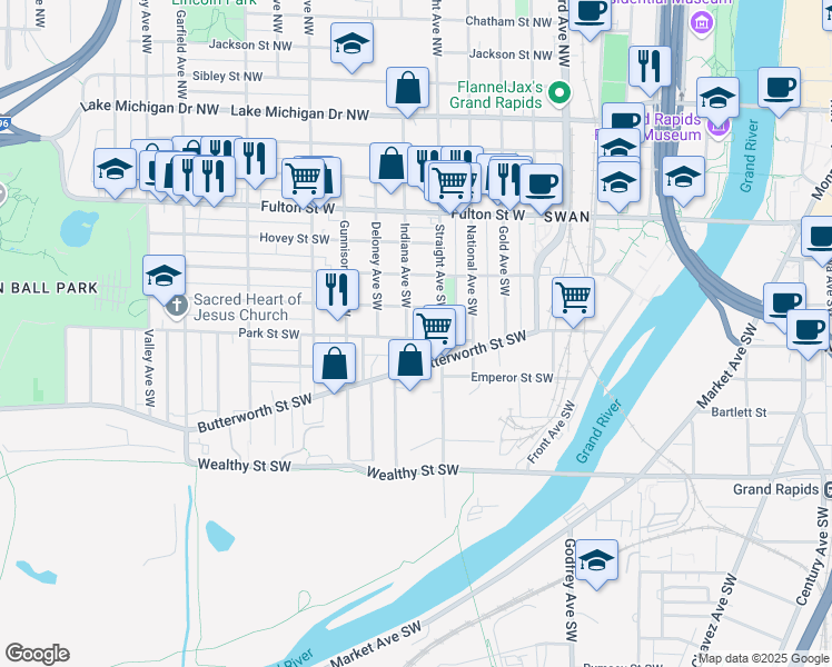 map of restaurants, bars, coffee shops, grocery stores, and more near 157 Indiana Avenue Southwest in Grand Rapids