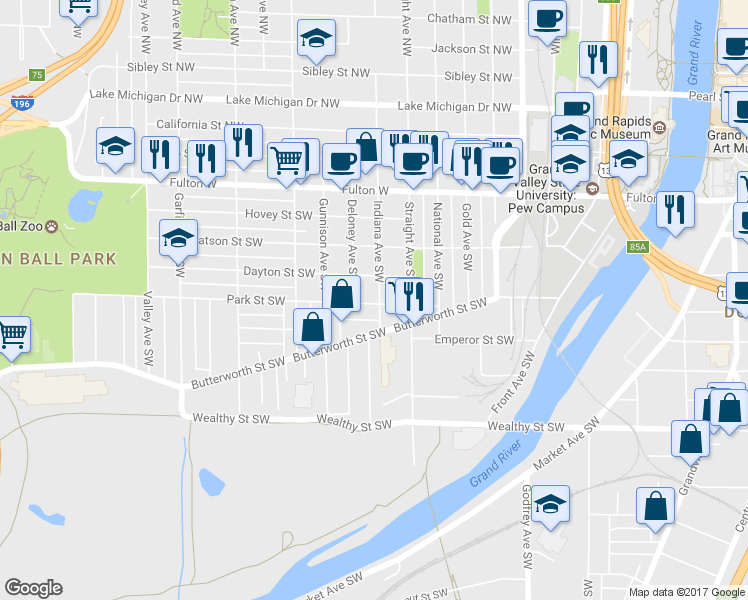 map of restaurants, bars, coffee shops, grocery stores, and more near 157 Indiana Avenue Southwest in Grand Rapids