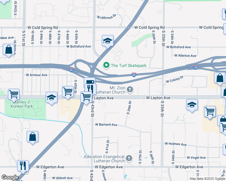 map of restaurants, bars, coffee shops, grocery stores, and more near 4040 West Layton Avenue in Greenfield