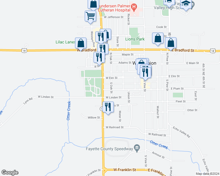 map of restaurants, bars, coffee shops, grocery stores, and more near 404 West Plum Street in West Union