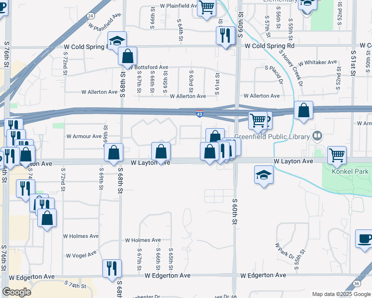 map of restaurants, bars, coffee shops, grocery stores, and more near 6300 West Layton Avenue in Greenfield