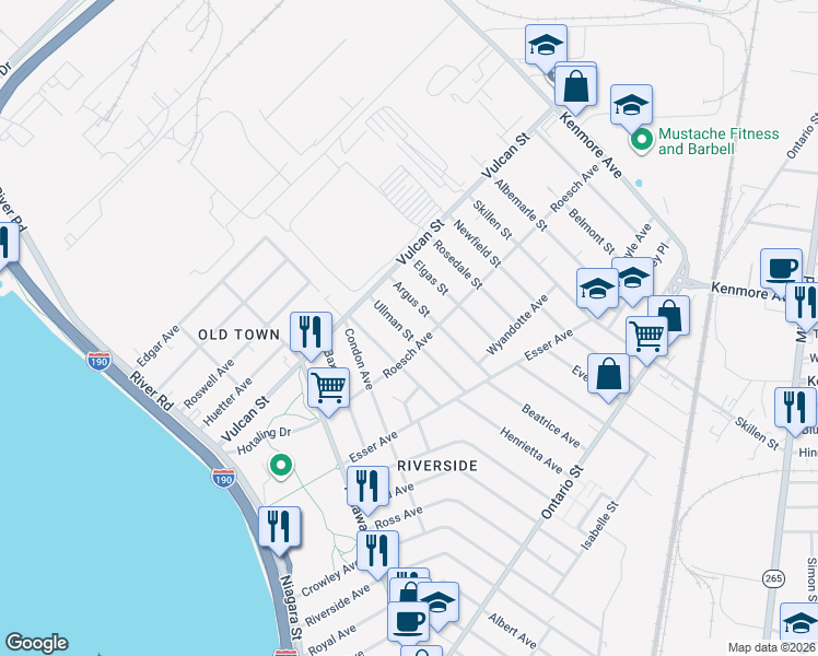 map of restaurants, bars, coffee shops, grocery stores, and more near 87 Ullman Street in Buffalo