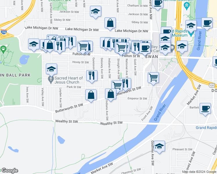 map of restaurants, bars, coffee shops, grocery stores, and more near 157 Indiana Avenue Southwest in Grand Rapids