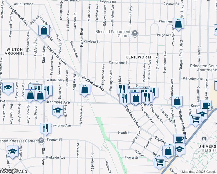 map of restaurants, bars, coffee shops, grocery stores, and more near 32 Wellington Avenue in Buffalo