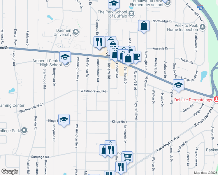 map of restaurants, bars, coffee shops, grocery stores, and more near 4265 Harlem Road in Buffalo