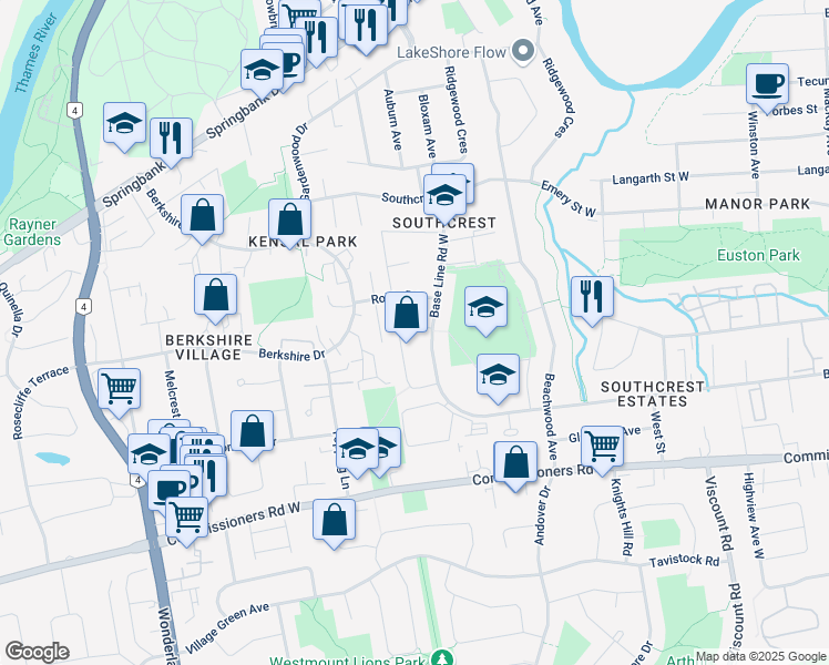 map of restaurants, bars, coffee shops, grocery stores, and more near 50 Southwood Crescent in London