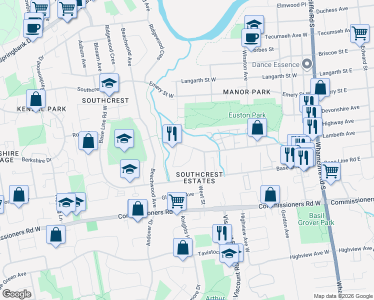 map of restaurants, bars, coffee shops, grocery stores, and more near 13 Centre Crescent in London