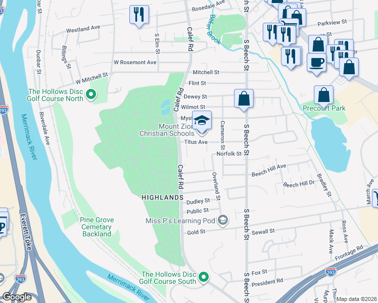 map of restaurants, bars, coffee shops, grocery stores, and more near 525 Calef Road in Manchester
