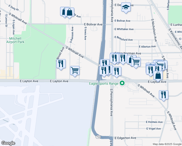 map of restaurants, bars, coffee shops, grocery stores, and more near 4561 South Whitnall Avenue in Saint Francis