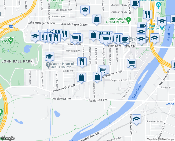 map of restaurants, bars, coffee shops, grocery stores, and more near 911 Park Street Southwest in Grand Rapids
