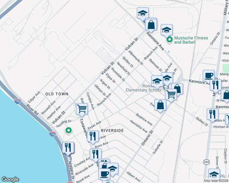 map of restaurants, bars, coffee shops, grocery stores, and more near 191 Roesch Avenue in Buffalo
