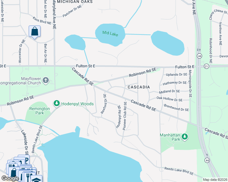 map of restaurants, bars, coffee shops, grocery stores, and more near 2727 Cascade Road Southeast in Grand Rapids