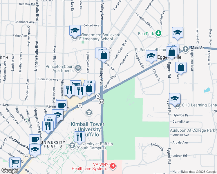 map of restaurants, bars, coffee shops, grocery stores, and more near 3666 Main Street in Buffalo