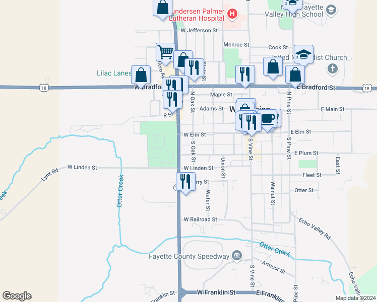 map of restaurants, bars, coffee shops, grocery stores, and more near 404 West Plum Street in West Union
