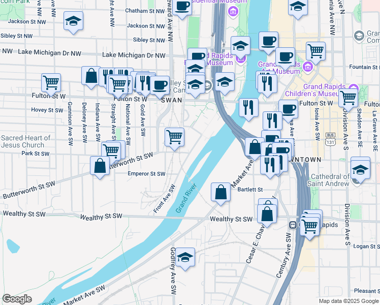 map of restaurants, bars, coffee shops, grocery stores, and more near 120 Front Avenue Southwest in Grand Rapids